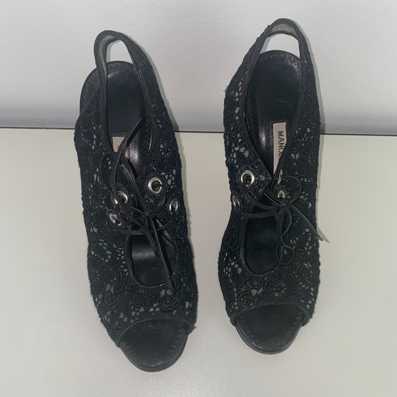 Manolo Blahnik Black Lace Leather High Heels 38 - Picture 4 of 10